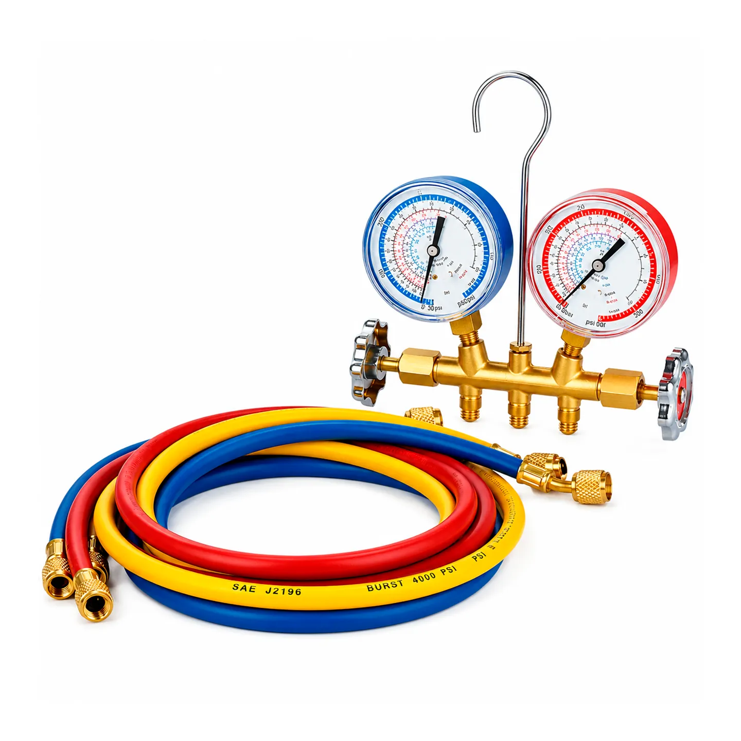 Juego De Mangueras Y Medidores Múltiples , Número De Válvulas: 2 , Calibradores De Lado Alto Rojo 0 A 500 Psi DAYTON (4Pdg1)