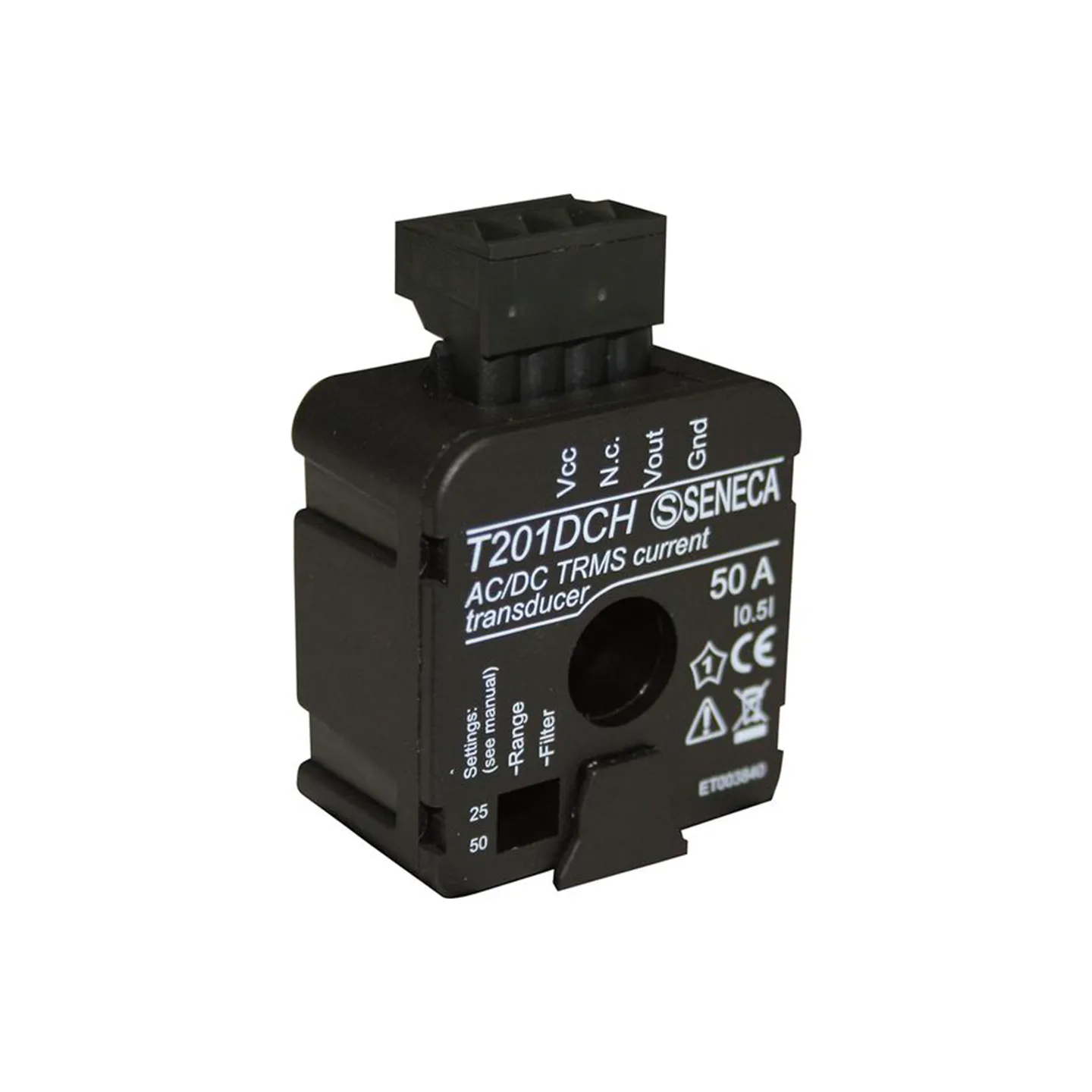 Transductor de Corriente TRMS CA/CD sin Contacto 0 a 50 A Salida 0 a 10 V Serie T201, SENECA (T201DCH)