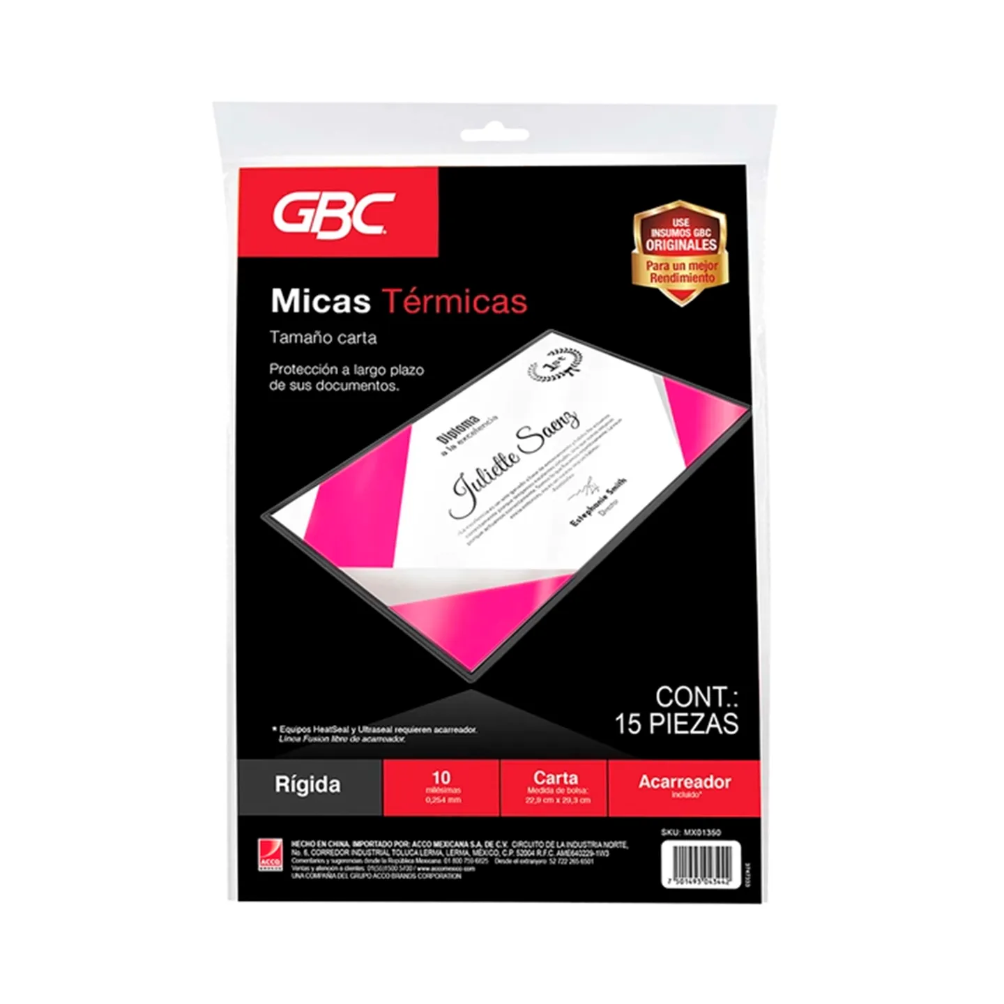 Micas Térmicas para Enmicar Tamaño Carta 10 Milésimas (Paquete con 15 pzas) Serie HeatSeal, GBC (MX01350)